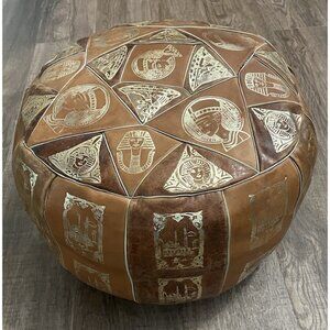 Vtg King Tut Egyptian Moroccan Genuine Leather Ottoman Round Pouf Brown Gold